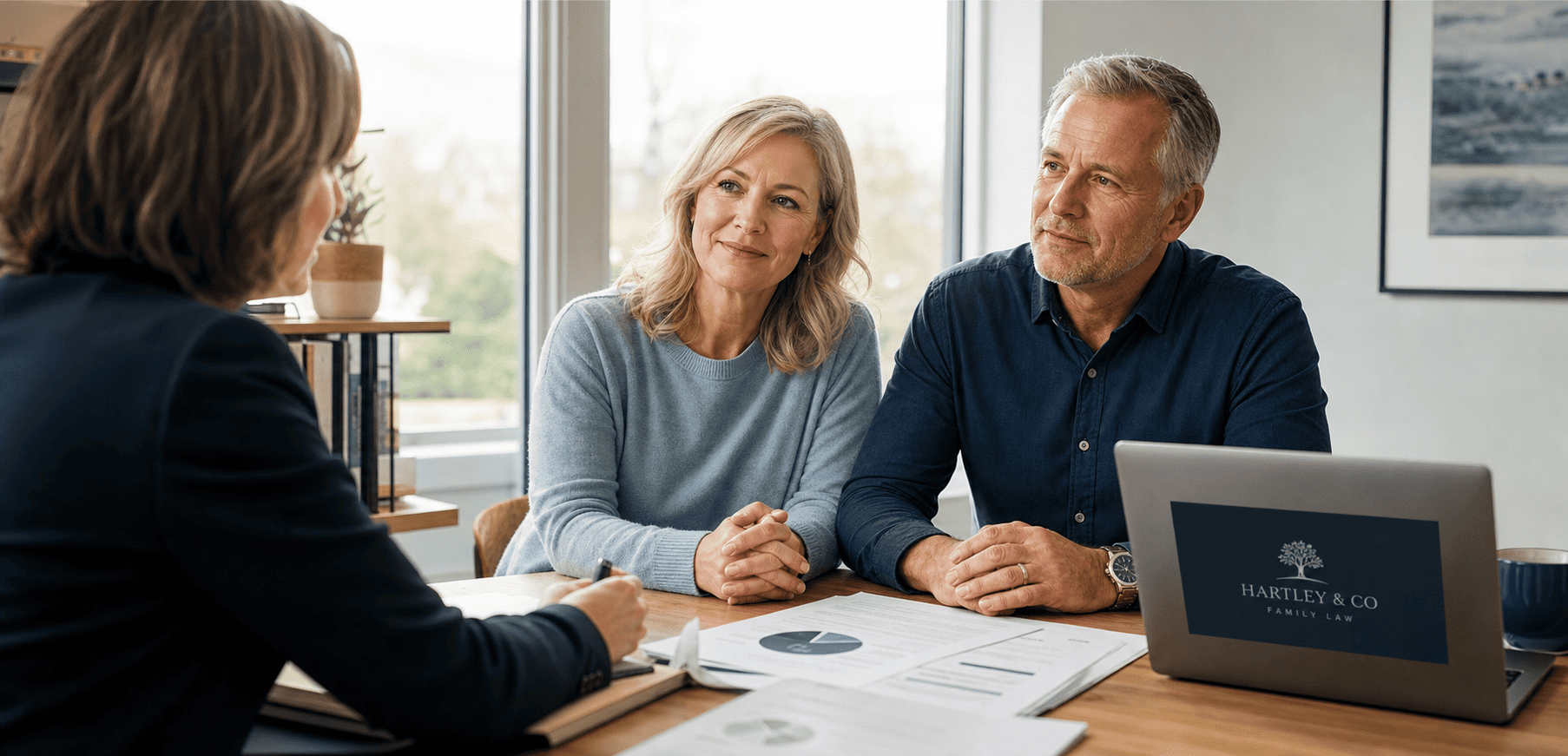 Couple discussing pension division with solicitor during divorce settlement Couple discussing pension division with solicitor during divorce settlement