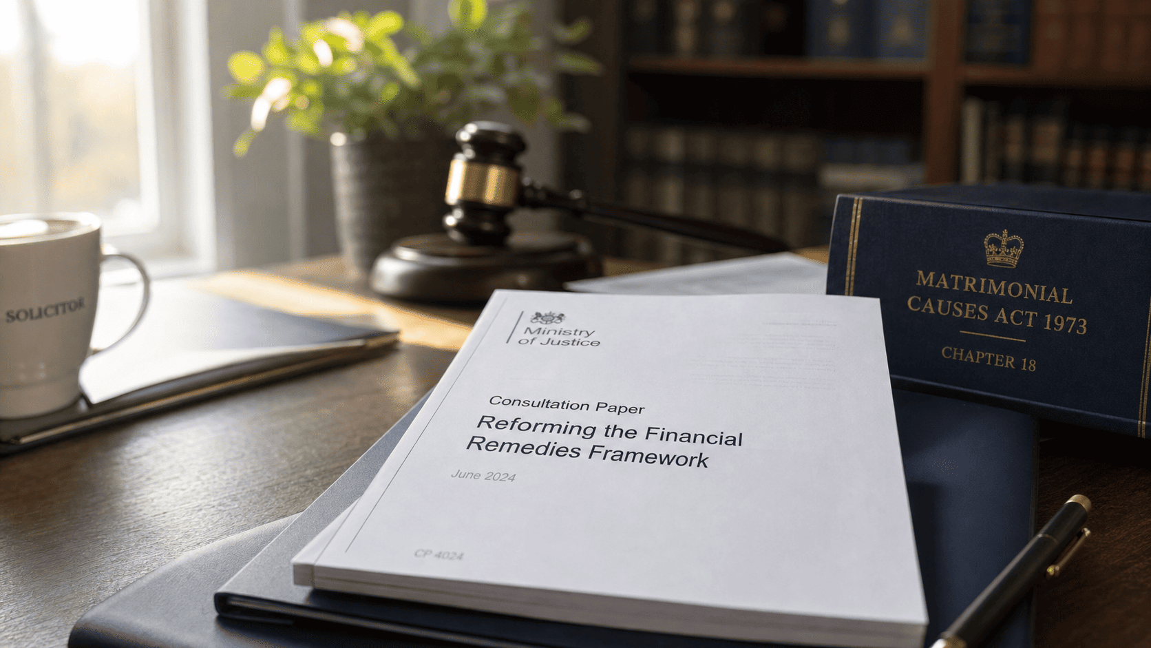 Financial remedies reform explained Solicitor's desk with a government consultation document and statute book representing reform of divorce financial remedies law in England and Wales