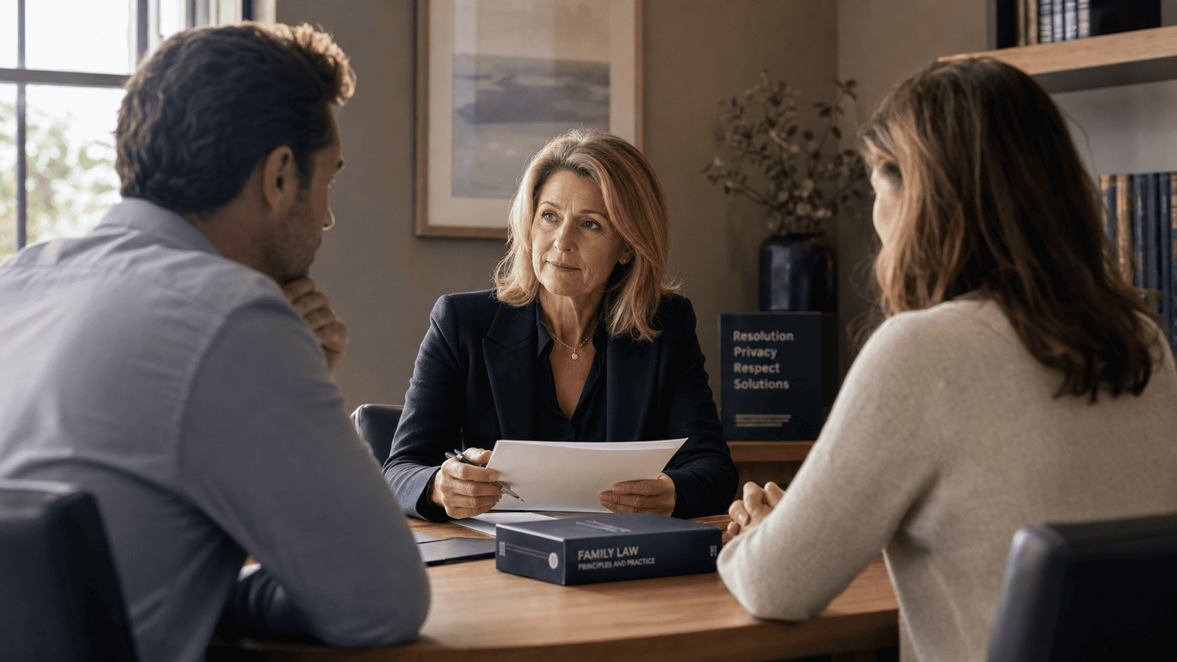 Feature image for What Is Family Law Arbitration article (1) Solicitor and arbitrator reviewing a family law arbitration award in a private setting, representing a binding alternative to court for divorce disputes
