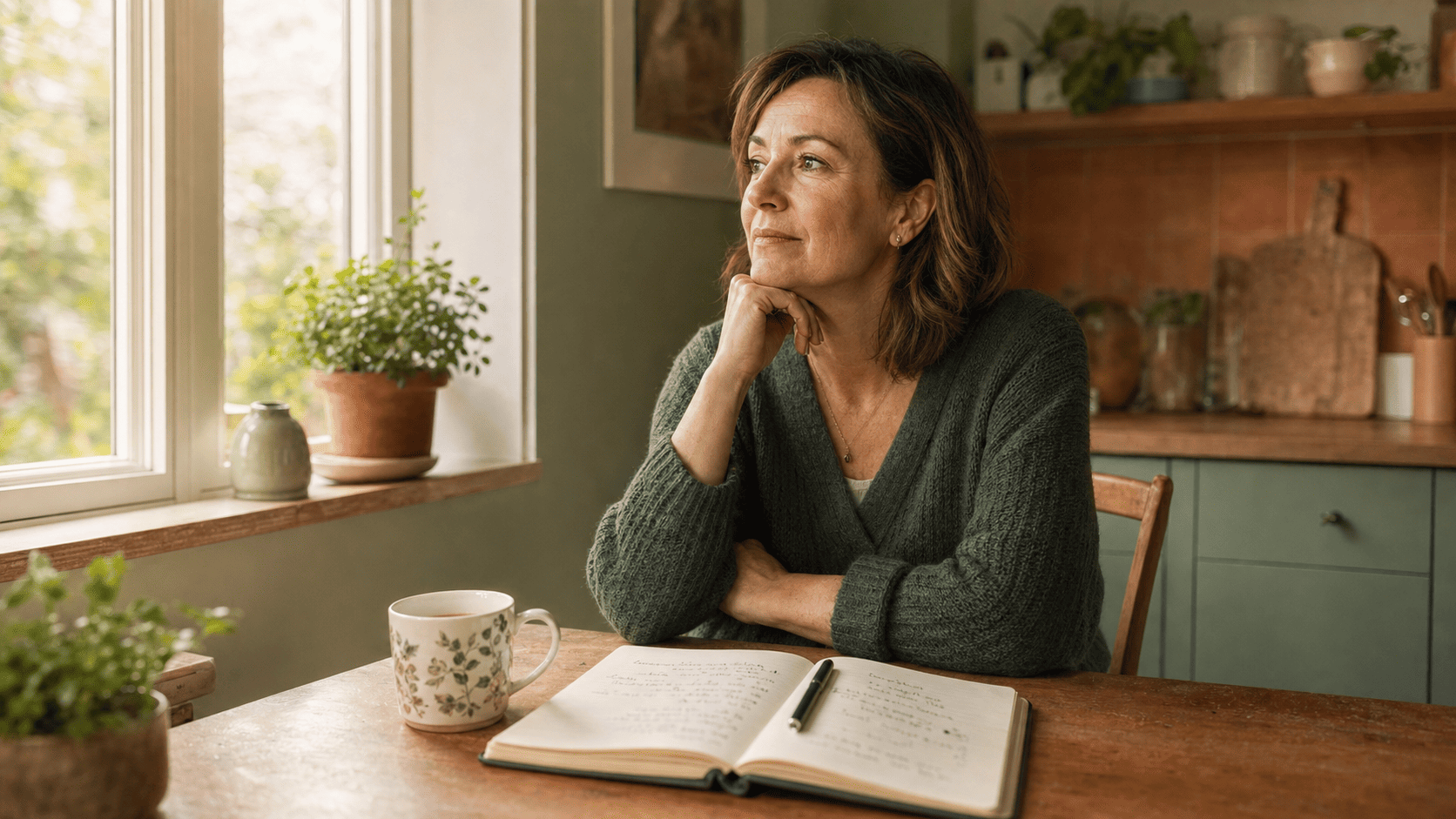 Divorce financial settlement guide Woman reflecting quietly at her kitchen table with a cup of tea, representing a calm new financial start after divorce
