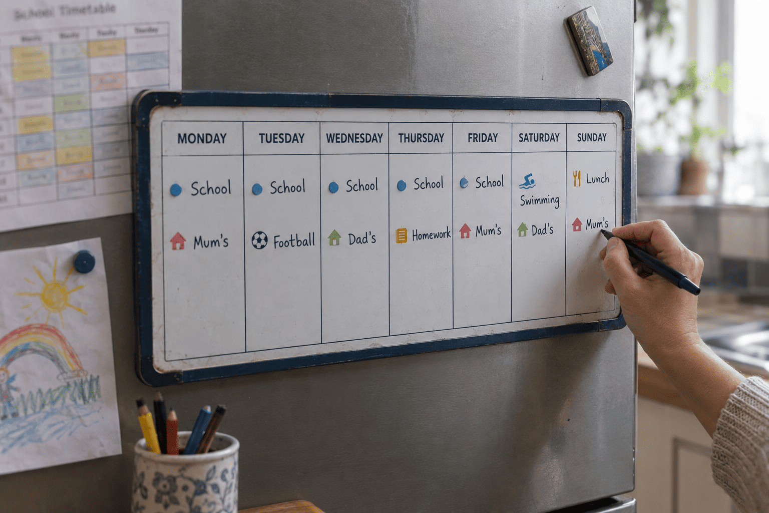 Planning a child’s weekly arrangements Weekly planner showing a child’s school, activities and time with each parent