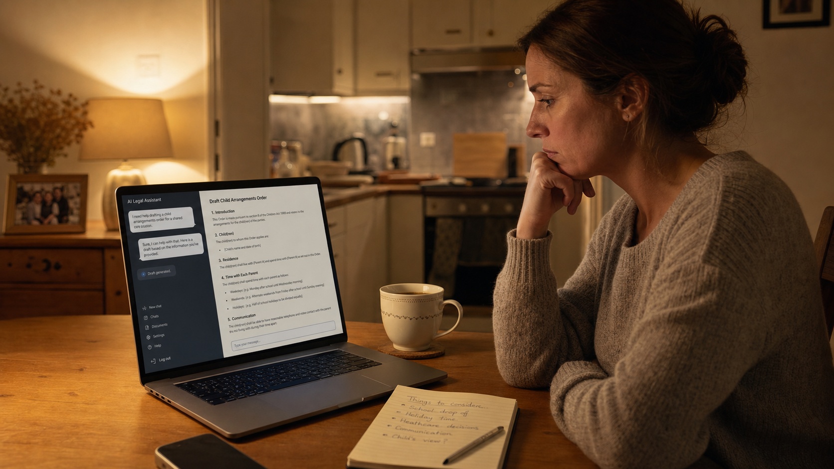 Using AI to Draft a Child Arrangements Order Mother sitting at a kitchen table using a laptop AI chatbot to draft a child arrangements order