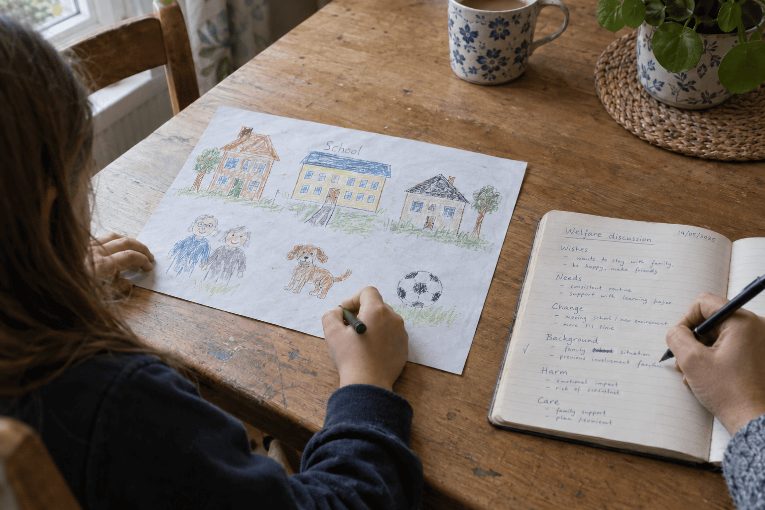 A child drawing the important parts of their life while an adult makes notes