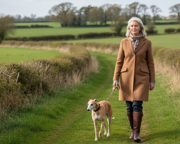 Retired woman walking in country with her whippet Retired woman walking in country with her whippet