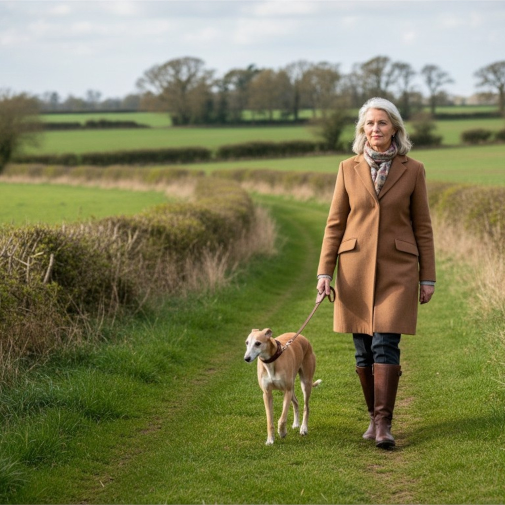Retired woman walking in country with her whippet Retired woman walking in country with her whippet