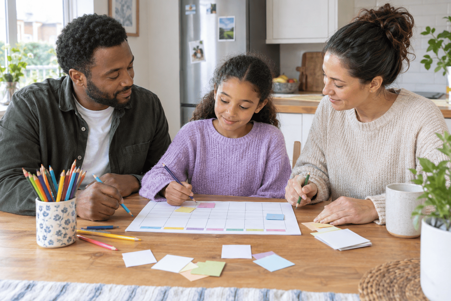 Agreeing a Parenting Plan After Separation Separated parents and their child working together on a weekly parenting plan