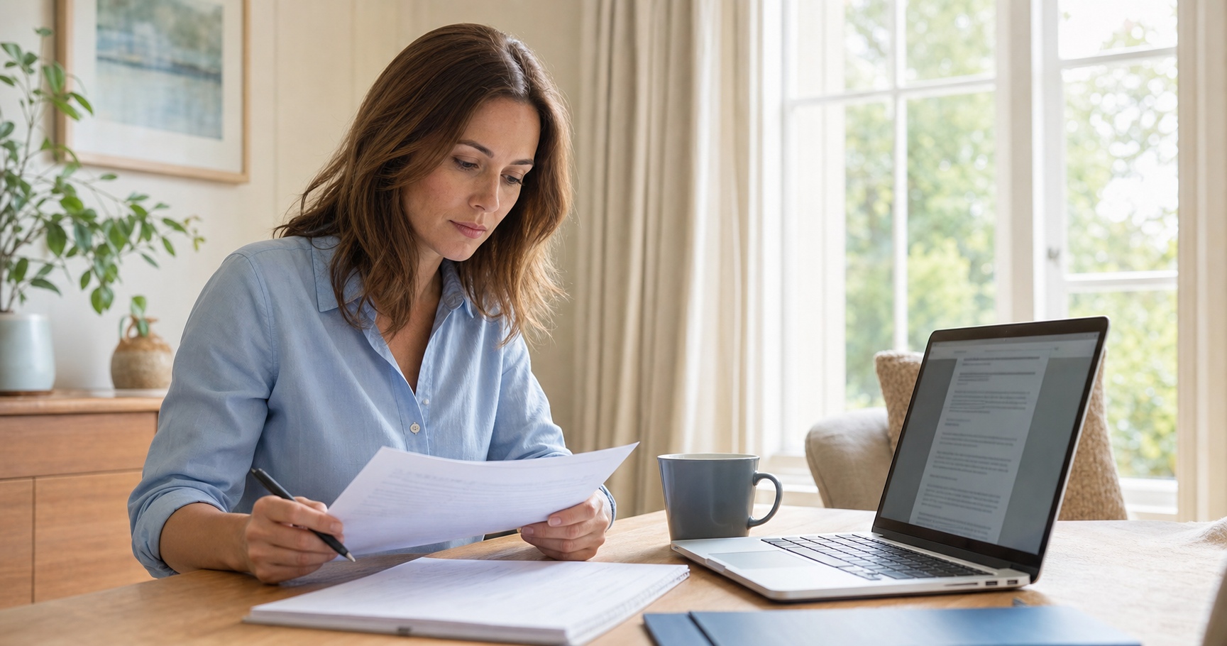 erson calmly reviewing divorce paperwork at home