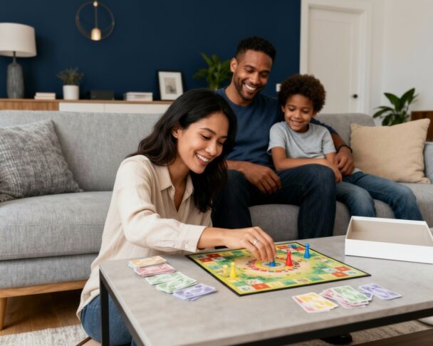 Unmarried couple with child playing a board game Unmarried couple with child playing a board game