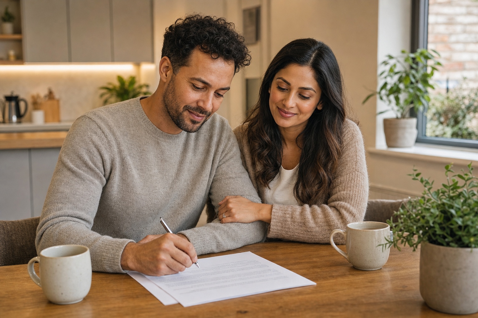 Couple reviewing and signing a cohabitation agreement at home with legal documents