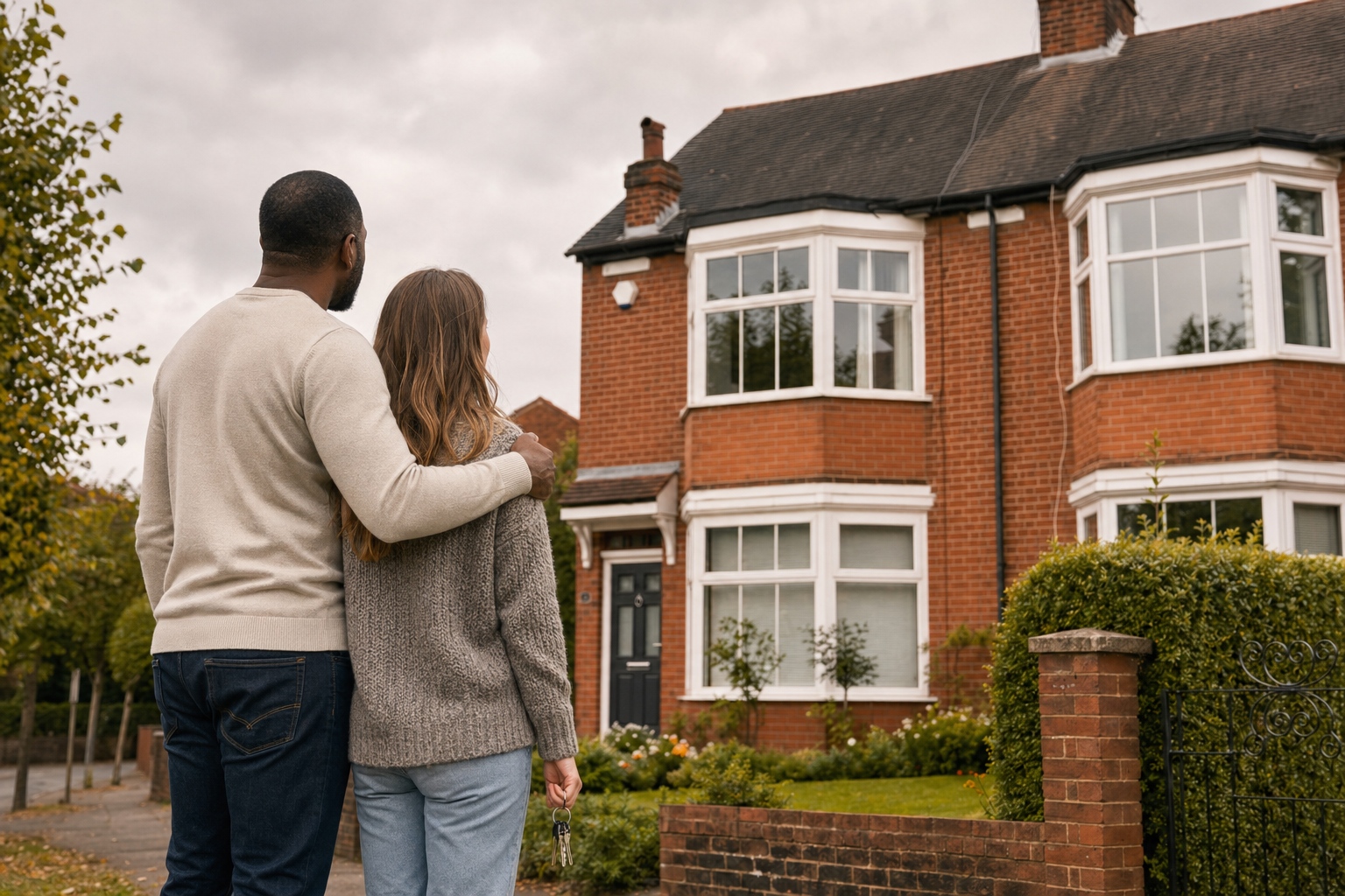 Unmarried Couples Property Rights – Purcell Solicitors Unmarried couple standing outside their shared home considering their property rights on separation