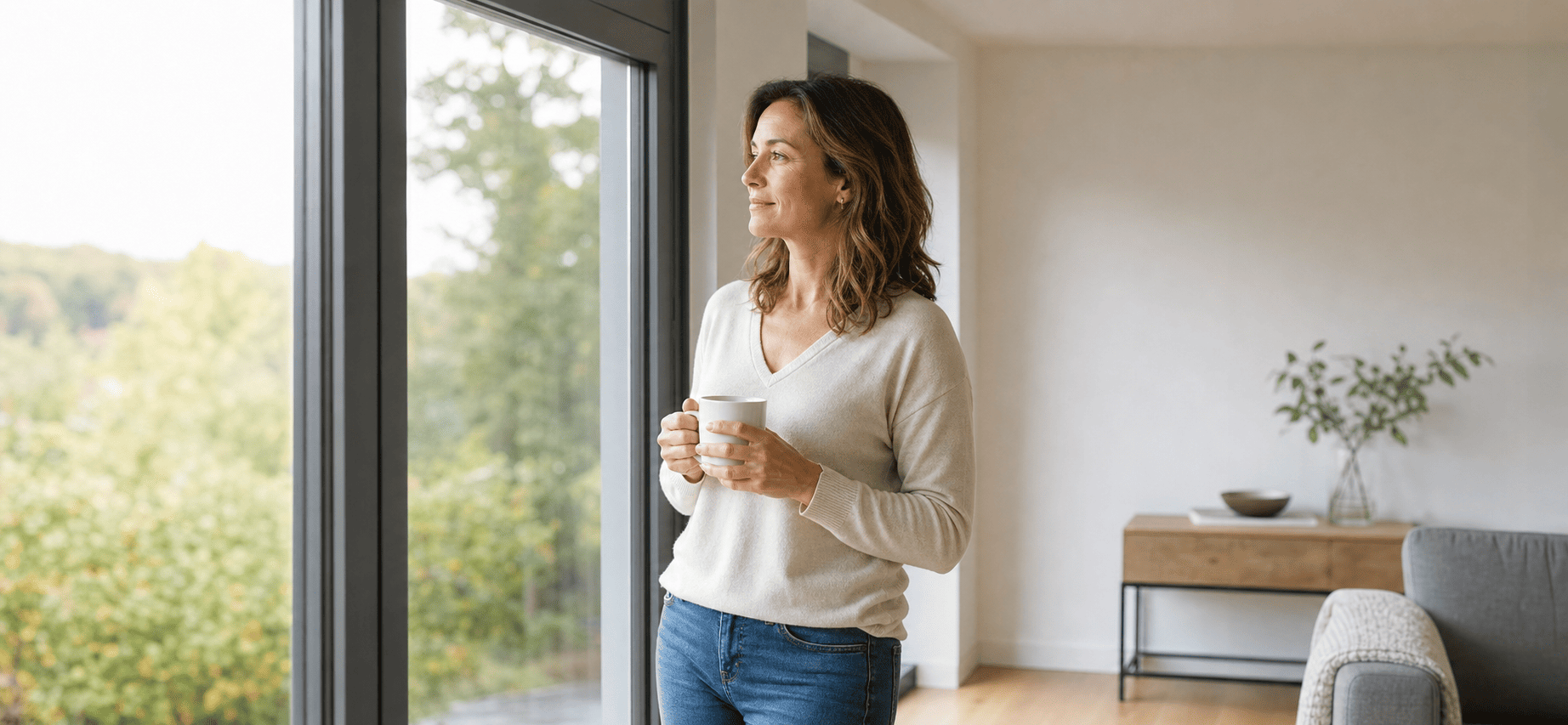 Woman looking toward her financial independence after a clean break order Woman standing by a window symbolising financial independence after a clean break order in divorce