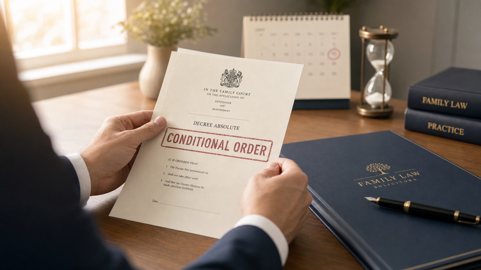 Solicitor reviewing a conditional order document during the divorce process in England and Wales, with a calendar symbolising the waiting period