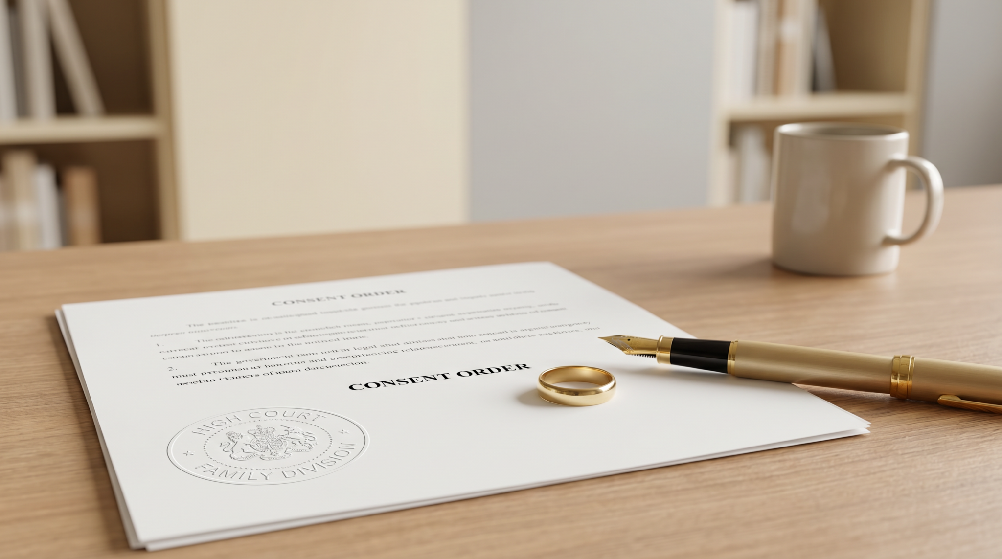 Consent Order After Divorce – Featured Image Sealed consent order document with fountain pen and wedding ring on a desk