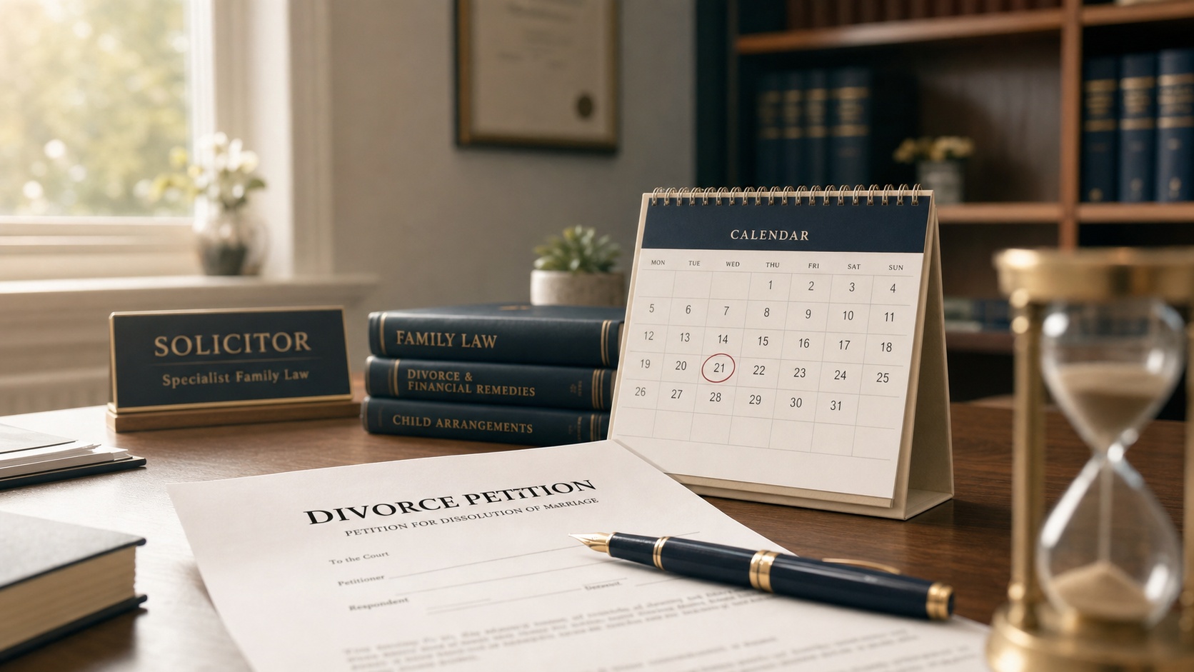 Solicitor's desk with a calendar and divorce documents illustrating the timeline for getting divorced in England and Wales